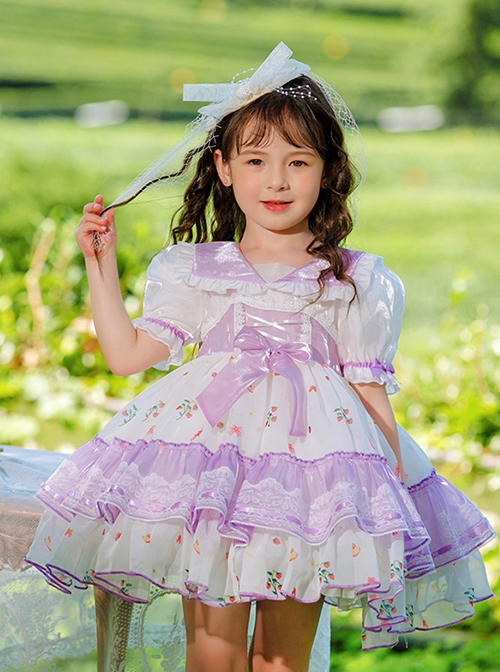 Purple Lapel Broken Flowers Lace Puff Sleeve Princess Dress Sweet Lolita Kids Short-Sleeved Dress