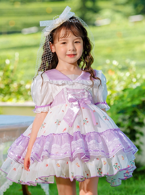 Purple Lapel Broken Flowers Lace Puff Sleeve Princess Dress Sweet Lolita Kids Short-Sleeved Dress