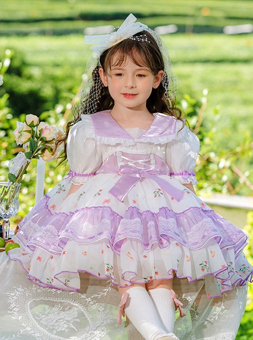 Purple Lapel Broken Flowers Lace Puff Sleeve Princess Dress Sweet Lolita Kids Short-Sleeved Dress