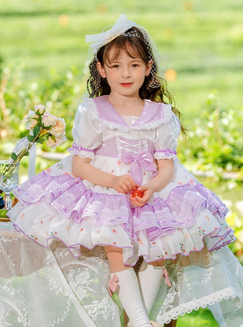 Purple Lapel Broken Flowers Lace Puff Sleeve Princess Dress Sweet Lolita Kids Short-Sleeved Dress