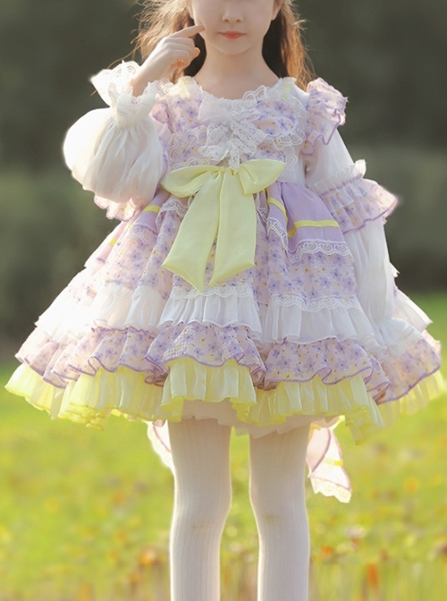 Cute Round Neck Lace Broken Flowers Princess Dress Sweet Lolita Spring Kids Long Sleeve Dress