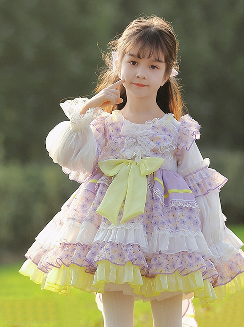 Cute Round Neck Lace Broken Flowers Princess Dress Sweet Lolita Spring Kids Long Sleeve Dress