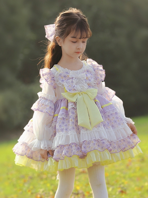 Cute Round Neck Lace Broken Flowers Princess Dress Sweet Lolita Spring Kids Long Sleeve Dress