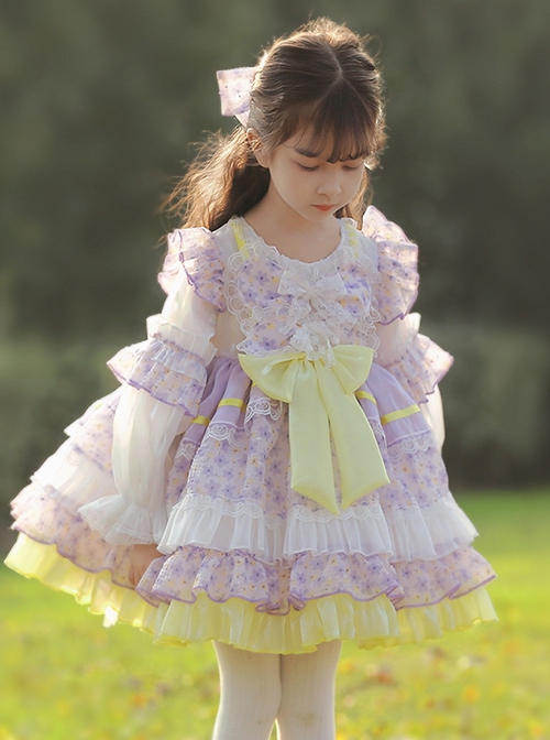 Cute Round Neck Lace Broken Flowers Princess Dress Sweet Lolita Spring Kids Long Sleeve Dress