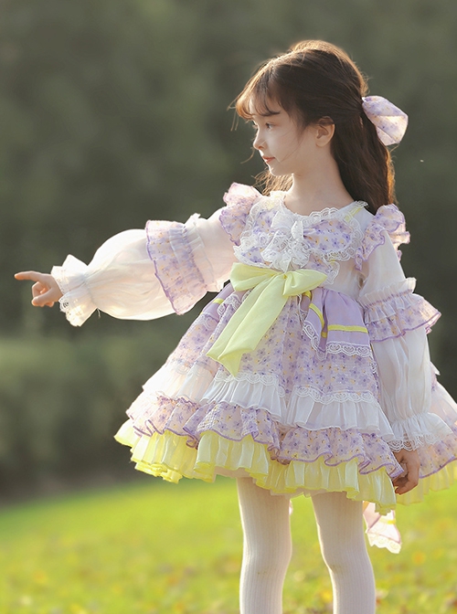 Cute Round Neck Lace Broken Flowers Princess Dress Sweet Lolita Spring Kids Long Sleeve Dress