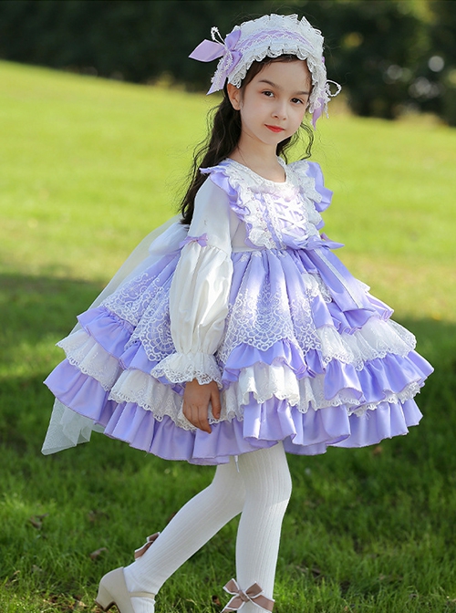 Lace Round Neck Cute Stitching Lantern Sleeve Multi-Layer Hem Sweet Lolita Kids Long-Sleeved Dress