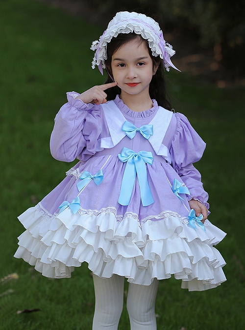 Spring Sweet Round Neck Puff Sleeve Princess Dress Bowknot Decoration Sweet Lolita Long Sleeve Dress