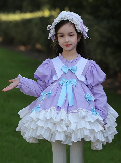 Spring Sweet Round Neck Puff Sleeve Princess Dress Bowknot Decoration Sweet Lolita Long Sleeve Dress