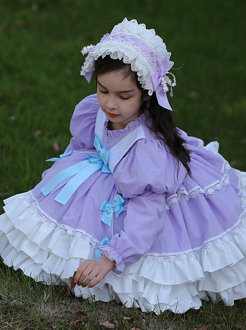 Spring Sweet Round Neck Puff Sleeve Princess Dress Bowknot Decoration Sweet Lolita Long Sleeve Dress