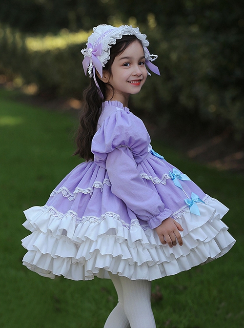 Spring Sweet Round Neck Puff Sleeve Princess Dress Bowknot Decoration Sweet Lolita Long Sleeve Dress