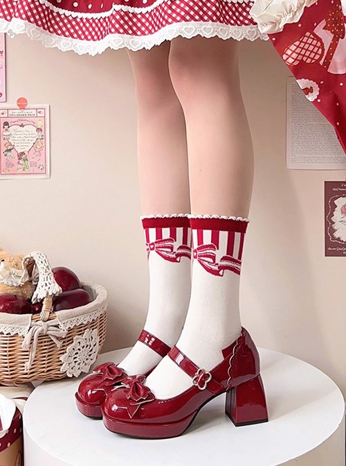 Cube Sugar Cocoa Series Pure Color Elegant Cute Bowknot Square Toe High Heels Sweet Lolita Shoe