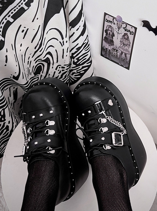 Sweetheart Pirate Series Sweet Cool Punk Lolita Metal Chain Decoration Lace-Up Platform Shoes