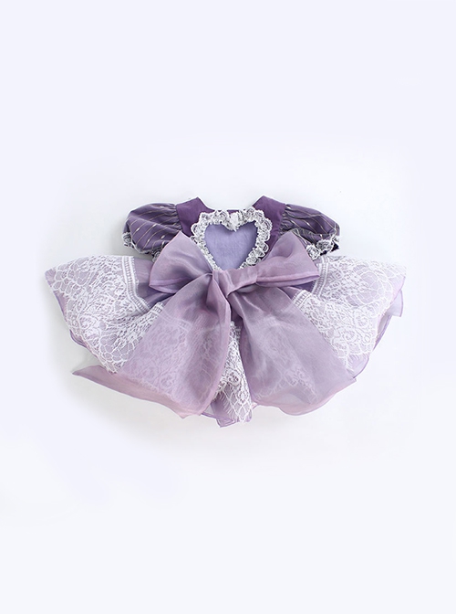 Sweet Lace Round Neck Puff Sleeve Lace Irregular Hem Back Heart Hollow Design Classic Lolita Kids Short-Sleeved Dress
