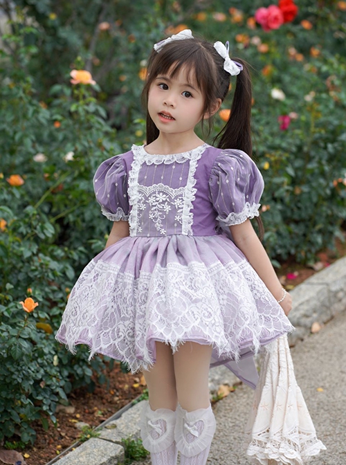 Sweet Lace Round Neck Puff Sleeve Lace Irregular Hem Back Heart Hollow Design Classic Lolita Kids Short-Sleeved Dress