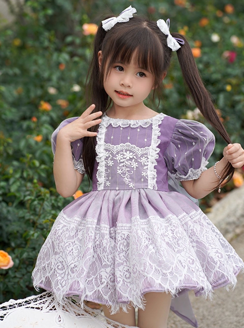 Sweet Lace Round Neck Puff Sleeve Lace Irregular Hem Back Heart Hollow Design Classic Lolita Kids Short-Sleeved Dress