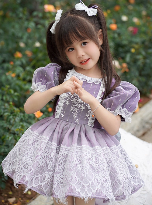 Sweet Lace Round Neck Puff Sleeve Lace Irregular Hem Back Heart Hollow Design Classic Lolita Kids Short-Sleeved Dress