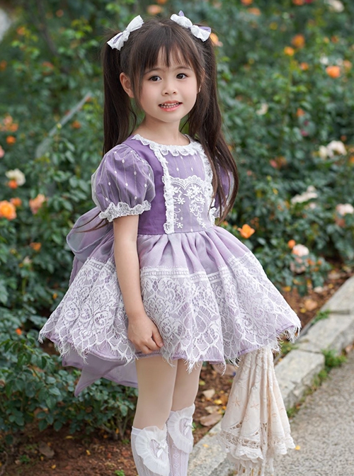 Sweet Lace Round Neck Puff Sleeve Lace Irregular Hem Back Heart Hollow Design Classic Lolita Kids Short-Sleeved Dress