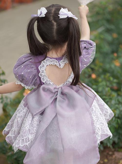 Sweet Lace Round Neck Puff Sleeve Lace Irregular Hem Back Heart Hollow Design Classic Lolita Kids Short-Sleeved Dress