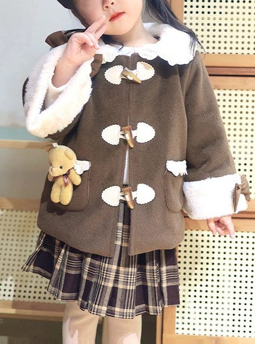 Plush Lace Doll Collar Dark Brown Christmas Horn Button Sweet Lolita Kids Spring Autumn Thick Coat