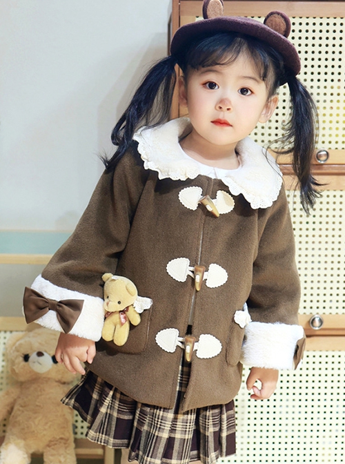 Plush Lace Doll Collar Dark Brown Christmas Horn Button Sweet Lolita Kids Spring Autumn Thick Coat