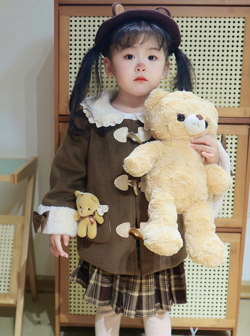 Plush Lace Doll Collar Dark Brown Christmas Horn Button Sweet Lolita Kids Spring Autumn Thick Coat