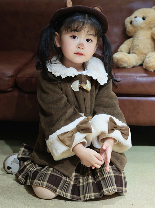 Plush Lace Doll Collar Dark Brown Christmas Horn Button Sweet Lolita Kids Spring Autumn Thick Coat