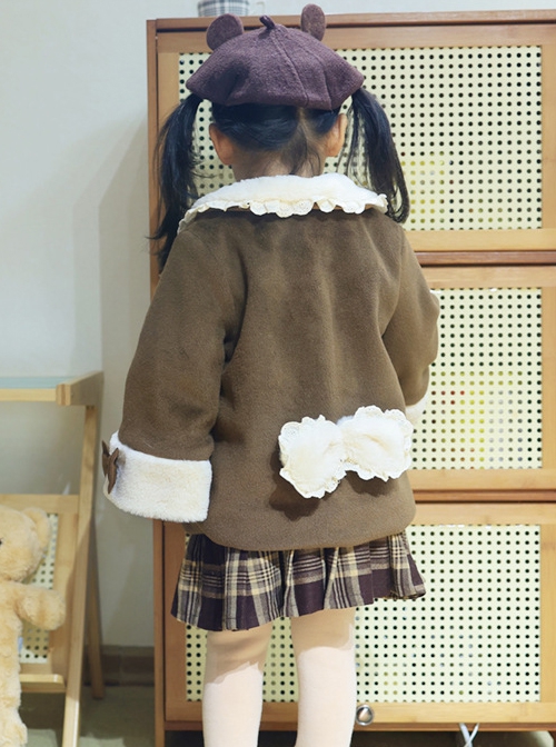 Plush Lace Doll Collar Dark Brown Christmas Horn Button Sweet Lolita Kids Spring Autumn Thick Coat