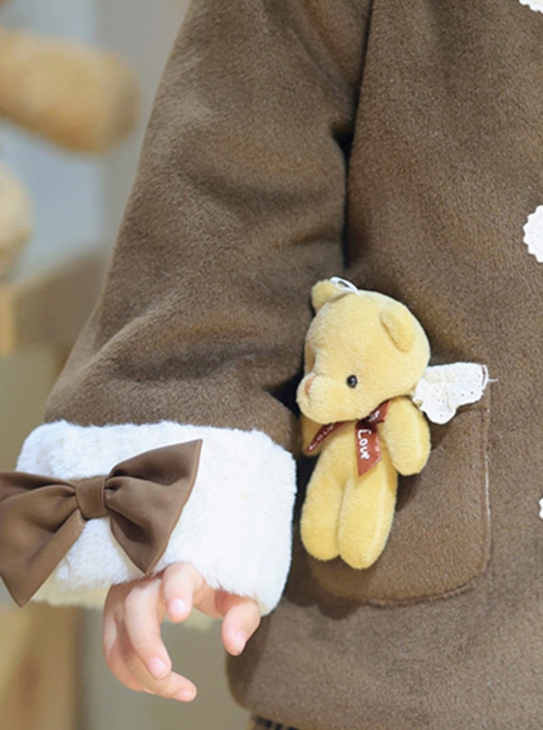 Plush Lace Doll Collar Dark Brown Christmas Horn Button Sweet Lolita Kids Spring Autumn Thick Coat