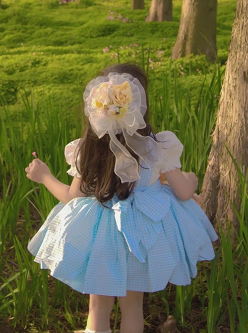 Lace Round Neck Broken Flowers Apron Cute Puff Sleeve Blue Plaid Little Maid Sweet Lolita Kids Short-Sleeved Dress