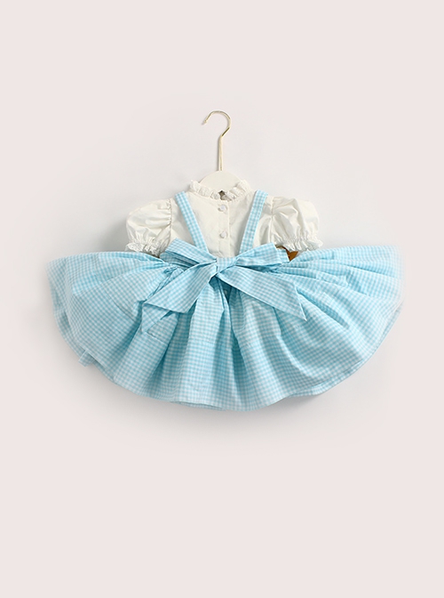 Lace Round Neck Broken Flowers Apron Cute Puff Sleeve Blue Plaid Little Maid Sweet Lolita Kids Short-Sleeved Dress