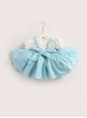 Lace Round Neck Broken Flowers Apron Cute Puff Sleeve Blue Plaid Little Maid Sweet Lolita Kids Short-Sleeved Dress