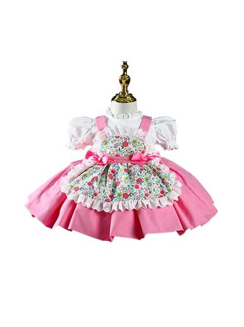 Lace Round Neck Broken Flowers Apron Cute Puff Sleeve Blue Plaid Little Maid Sweet Lolita Kids Short-Sleeved Dress