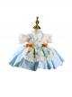 Lace Round Neck Broken Flowers Apron Cute Puff Sleeve Blue Plaid Little Maid Sweet Lolita Kids Short-Sleeved Dress