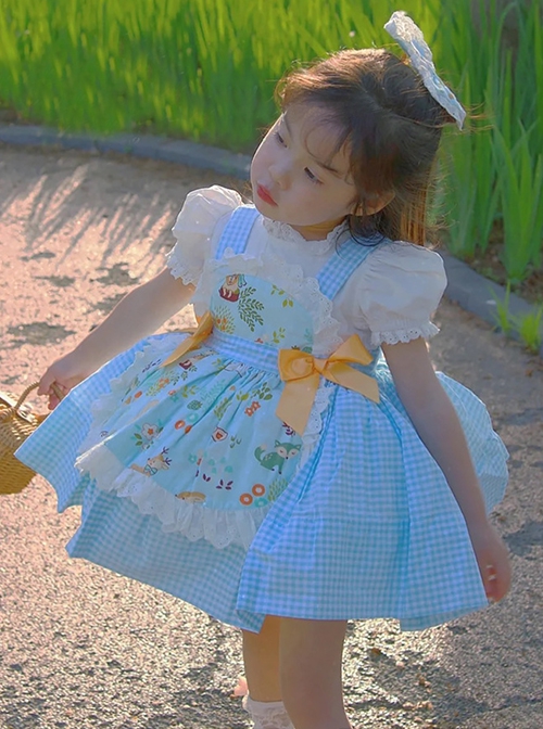 Lace Round Neck Broken Flowers Apron Cute Puff Sleeve Blue Plaid Little Maid Sweet Lolita Kids Short-Sleeved Dress