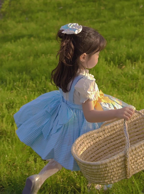 Lace Round Neck Broken Flowers Apron Cute Puff Sleeve Blue Plaid Little Maid Sweet Lolita Kids Short-Sleeved Dress