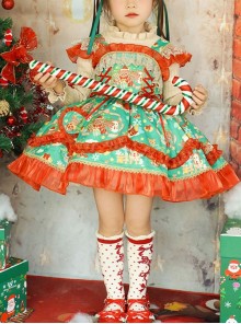 Little Bear Christmas Print Lace Sleeveless Dress Apricot Stand Collar Knit Long Sleeve Top Classic Lolita Kids Dress Set