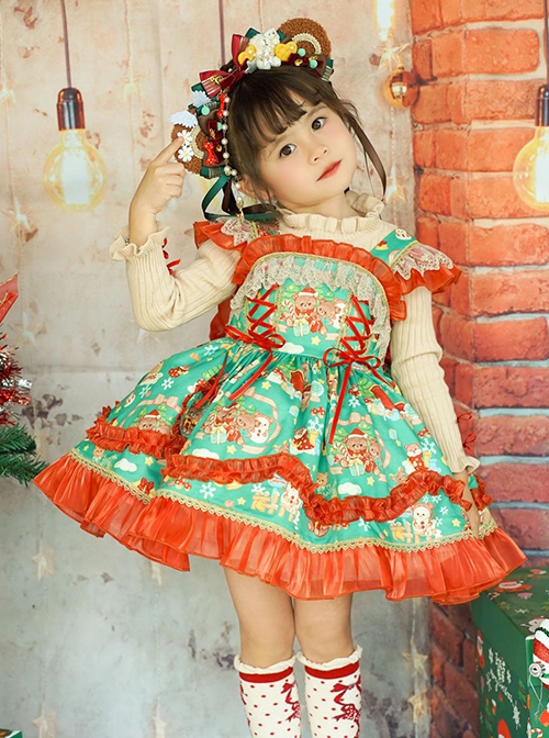 Little Bear Christmas Print Lace Sleeveless Dress Apricot Stand Collar Knit Long Sleeve Top Classic Lolita Kids Dress Set