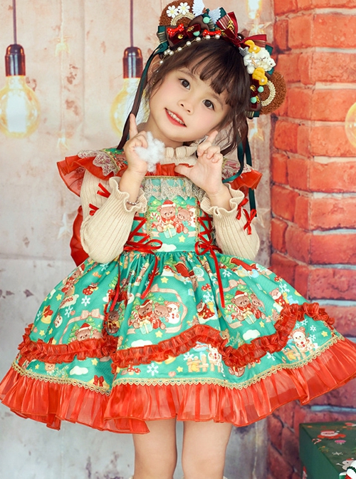 Little Bear Christmas Print Lace Sleeveless Dress Apricot Stand Collar Knit Long Sleeve Top Classic Lolita Kids Dress Set