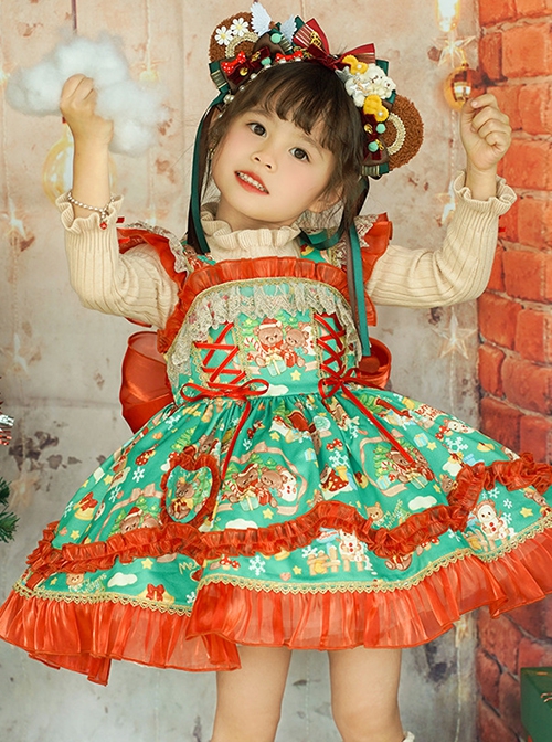 Little Bear Christmas Print Lace Sleeveless Dress Apricot Stand Collar Knit Long Sleeve Top Classic Lolita Kids Dress Set
