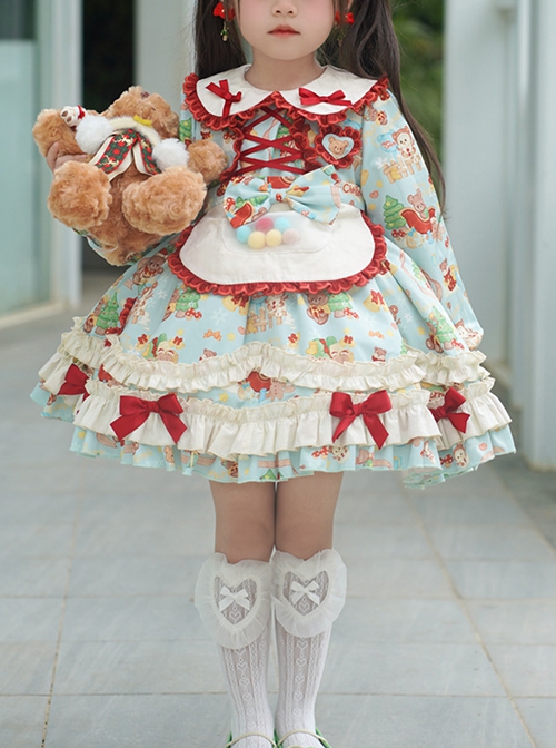 Spring Autumn Doll Collar Christmas Little Bear Print Bowknot Small Colored Ball Apron Sweet Lolita Kids Long-Sleeved Dress