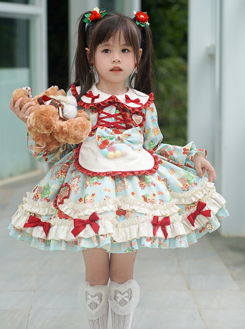 Spring Autumn Doll Collar Christmas Little Bear Print Bowknot Small Colored Ball Apron Sweet Lolita Kids Long-Sleeved Dress