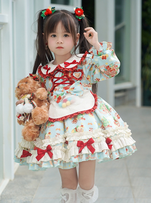 Spring Autumn Doll Collar Christmas Little Bear Print Bowknot Small Colored Ball Apron Sweet Lolita Kids Long-Sleeved Dress