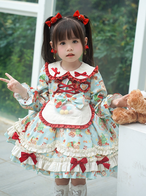 Spring Autumn Doll Collar Christmas Little Bear Print Bowknot Small Colored Ball Apron Sweet Lolita Kids Long-Sleeved Dress