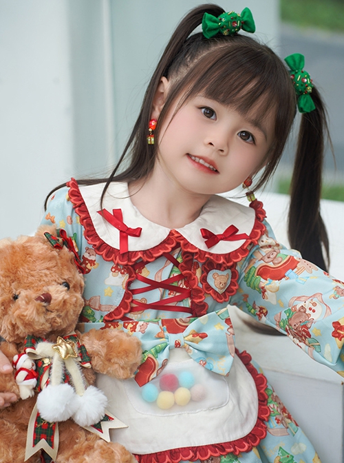 Spring Autumn Doll Collar Christmas Little Bear Print Bowknot Small Colored Ball Apron Sweet Lolita Kids Long-Sleeved Dress