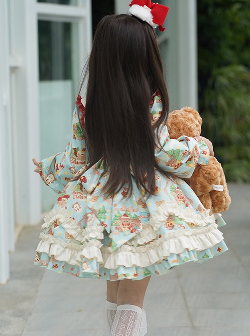 Spring Autumn Doll Collar Christmas Little Bear Print Bowknot Small Colored Ball Apron Sweet Lolita Kids Long-Sleeved Dress