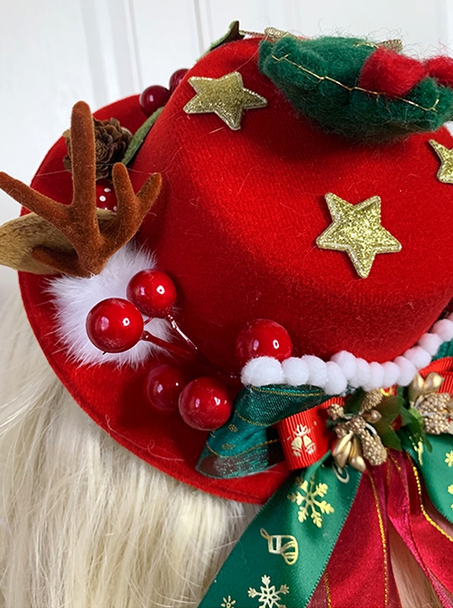 Christmas Antlers Bells Handmade Stars Wool Felt Classic Lolita Hat