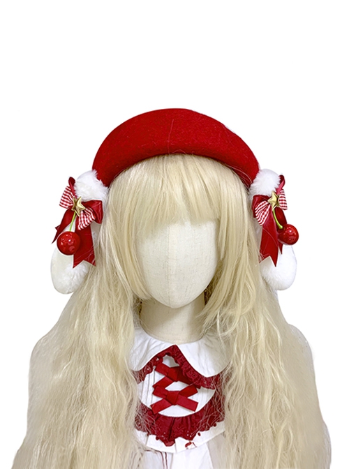 Cute Plush Rabbit Ears Bowknot Cherry Decoration Red Christmas Sweet Lolita Kids Berets