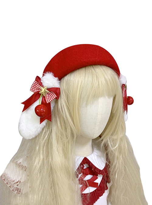 Cute Plush Rabbit Ears Bowknot Cherry Decoration Red Christmas Sweet Lolita Kids Berets