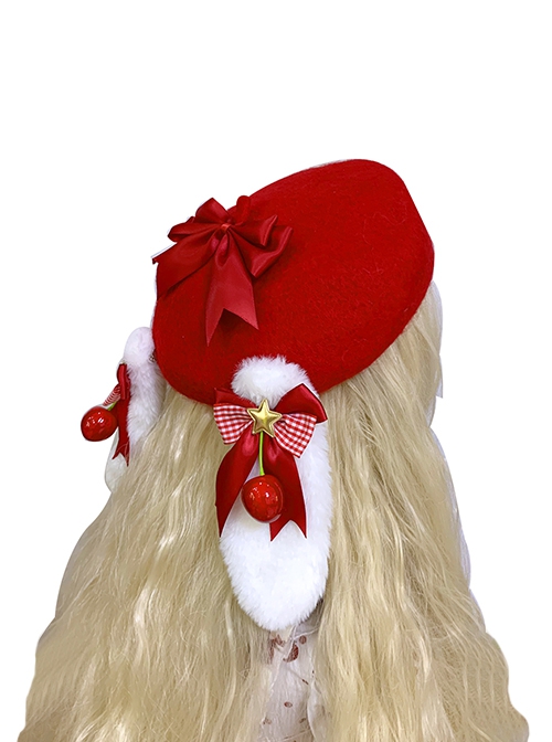 Cute Plush Rabbit Ears Bowknot Cherry Decoration Red Christmas Sweet Lolita Kids Berets