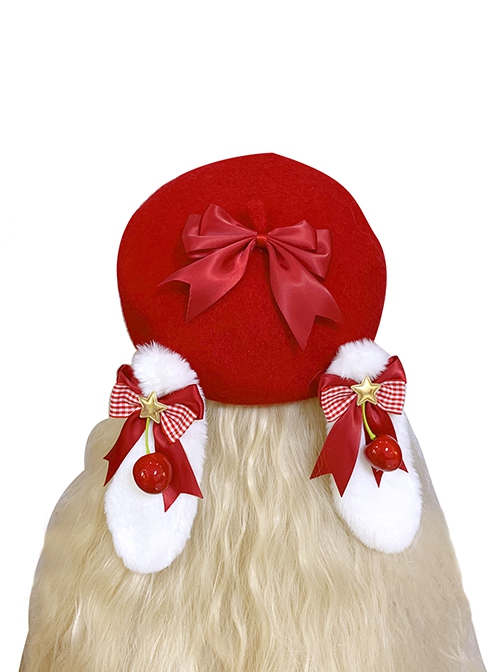 Cute Plush Rabbit Ears Bowknot Cherry Decoration Red Christmas Sweet Lolita Kids Berets